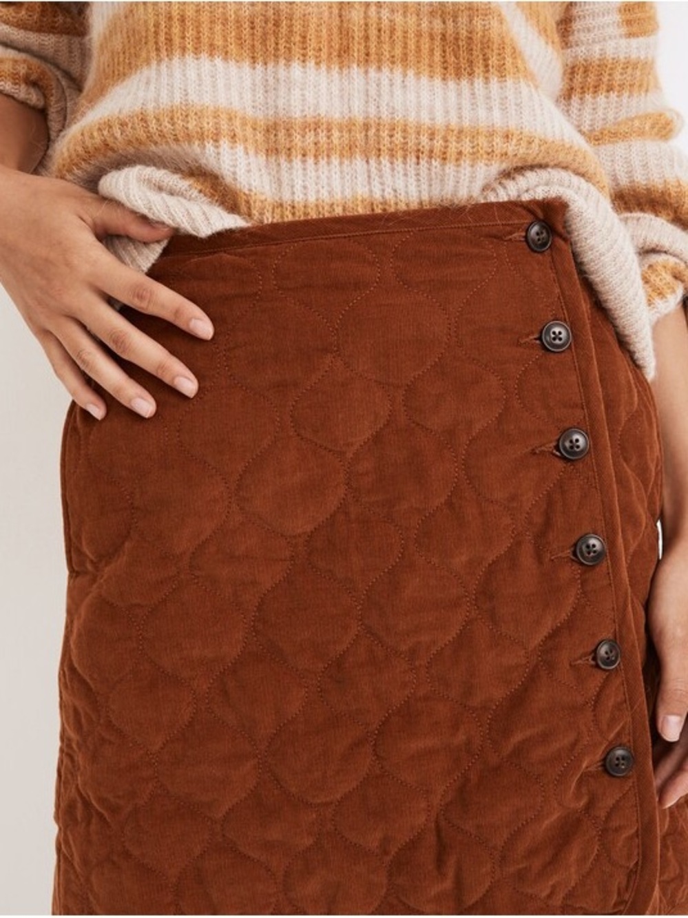 Madewell Quilted Corduroy Midi Skirt in Rust Brown with Side Buttons